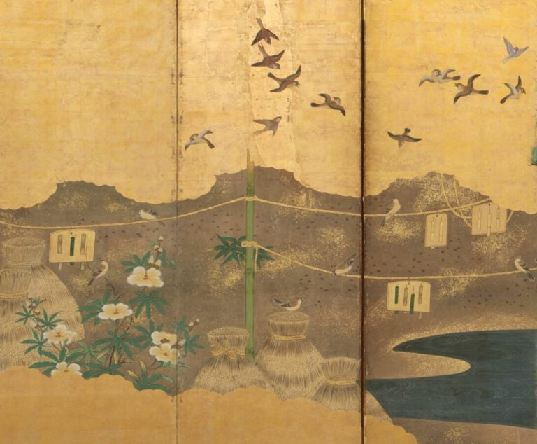 Paravent Byôbu (séparateur de pièce) à six panneaux avec une peinture à décor d…