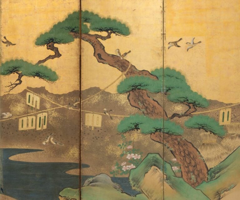 Paravent Byôbu (séparateur de pièce) à six panneaux avec une peinture à décor d…