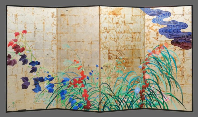 Paravent Byôbu à quatre panneaux de taille moyenne avec une peinture sur feuill…
