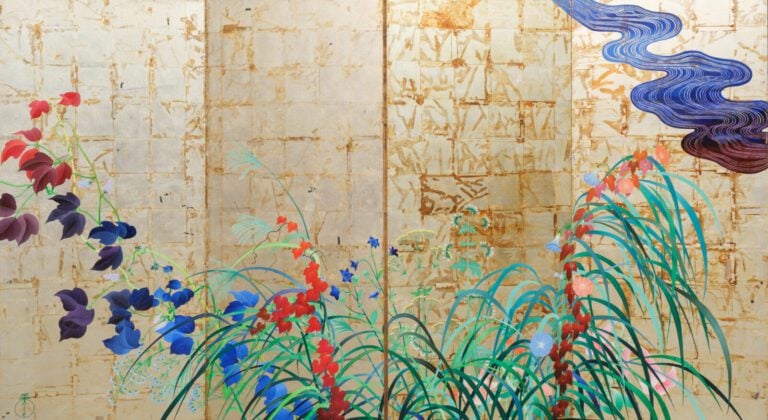 Paravent Byôbu à quatre panneaux de taille moyenne avec une peinture sur feuill…