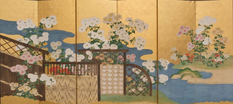 Grand paravent byôbu (séparateur de pièce) à six panneaux à peinture continue d…