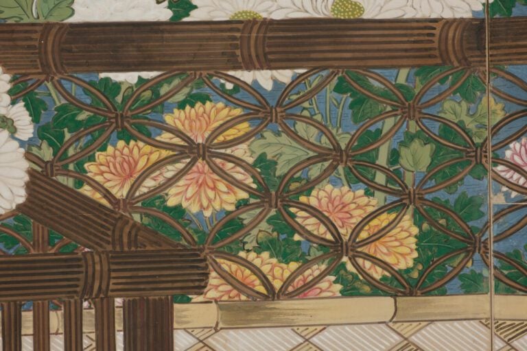 Grand paravent byôbu (séparateur de pièce) à six panneaux à peinture continue d…