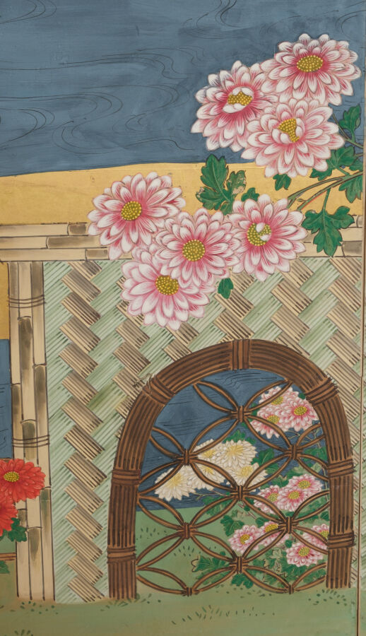 Grand paravent byôbu (séparateur de pièce) à six panneaux très coloré à peintur…
