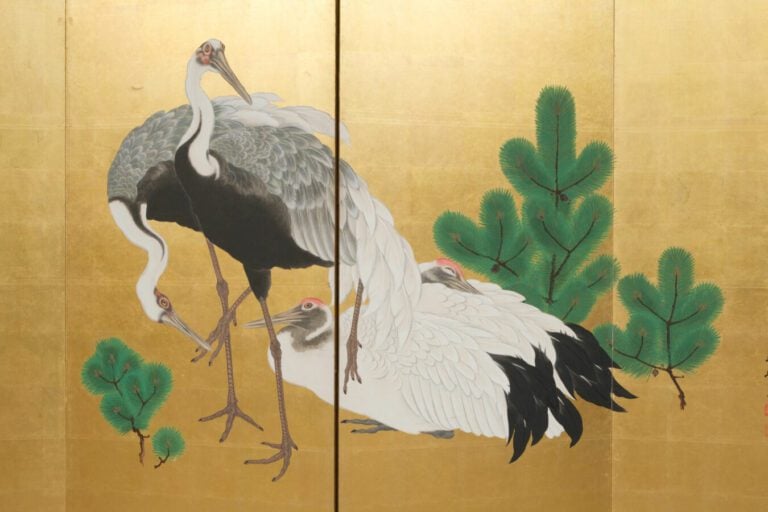 Grand paravent byôbu (séparateur de pièce) à six panneaux avec une peinture rep…
