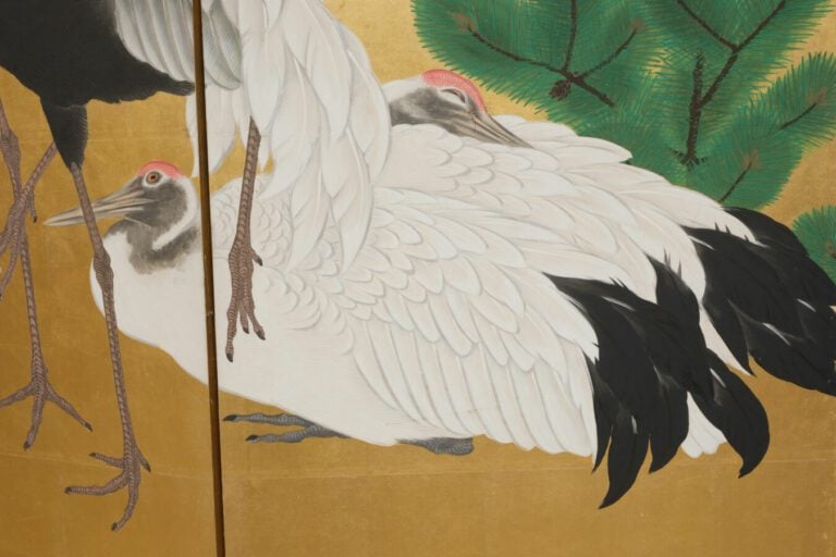 Grand paravent byôbu (séparateur de pièce) à six panneaux avec une peinture rep…