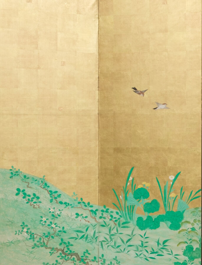 Paravent Byôbu (séparateur de pièce) à six panneaux avec une peinture continue…