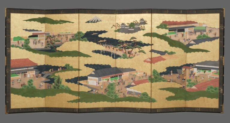 Grand paravent byôbu (séparateur de pièce) à six panneaux avec une peinture dét…