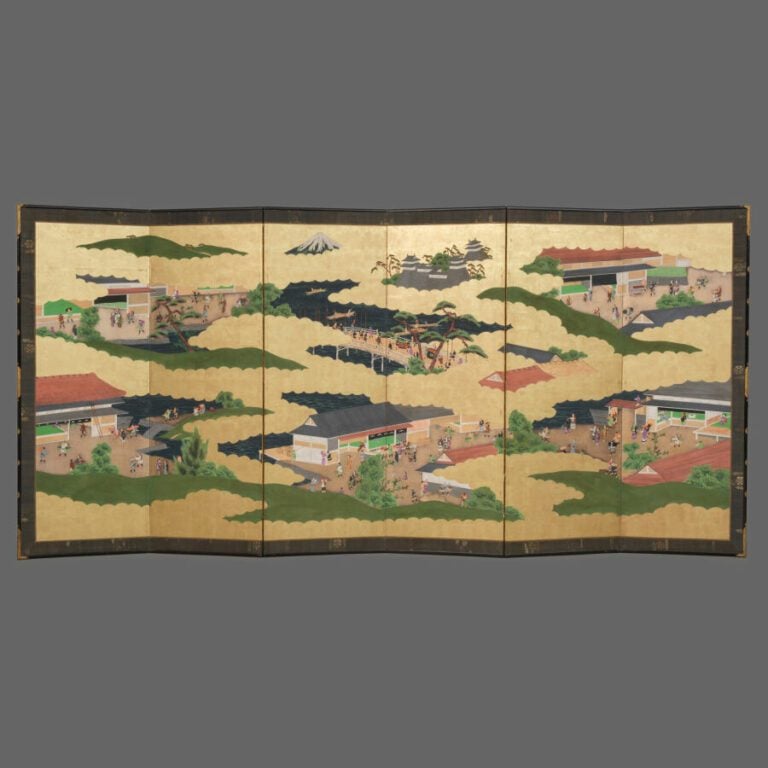 Grand paravent byôbu (séparateur de pièce) à six panneaux avec une peinture dét…