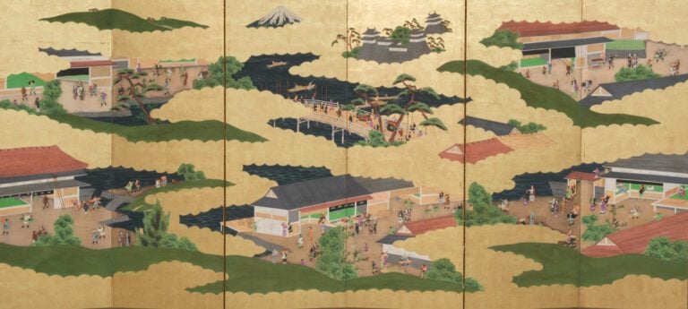 Grand paravent byôbu (séparateur de pièce) à six panneaux avec une peinture dét…