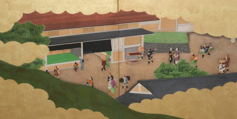 Grand paravent byôbu (séparateur de pièce) à six panneaux avec une peinture dét…