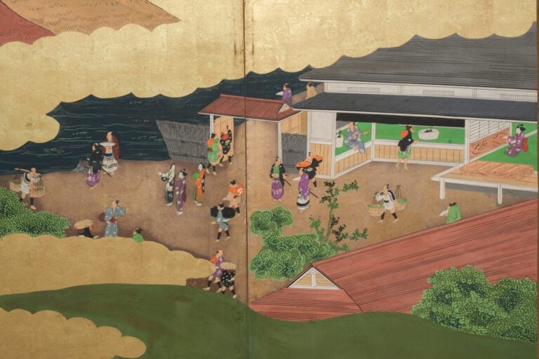 Grand paravent byôbu (séparateur de pièce) à six panneaux avec une peinture dét…