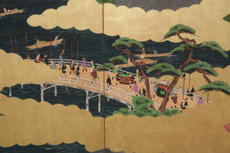 Grand paravent byôbu (séparateur de pièce) à six panneaux avec une peinture dét…