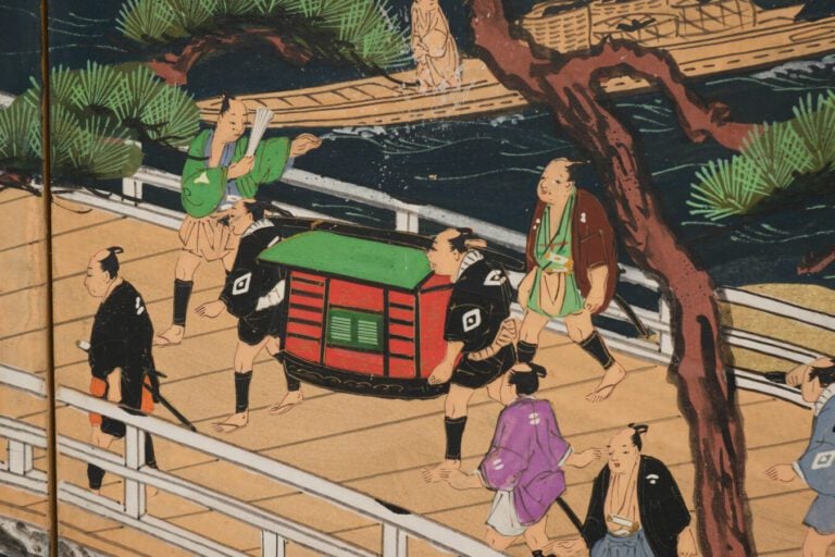 Grand paravent byôbu (séparateur de pièce) à six panneaux avec une peinture dét…
