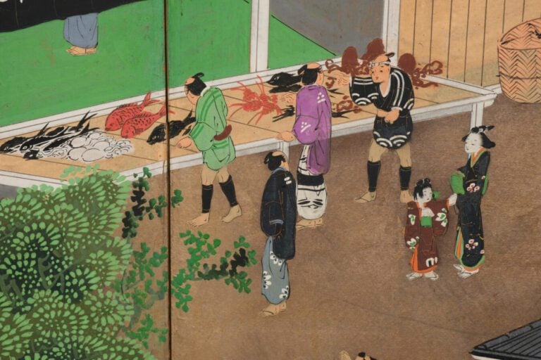 Grand paravent byôbu (séparateur de pièce) à six panneaux avec une peinture dét…