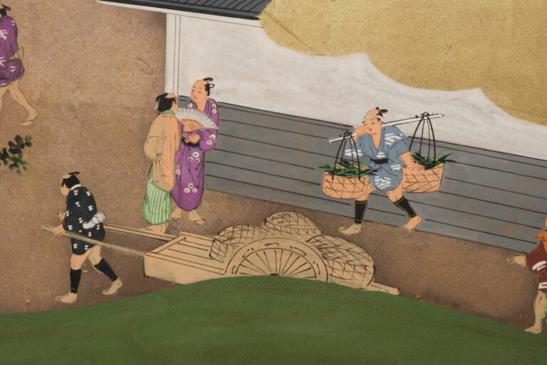 Grand paravent byôbu (séparateur de pièce) à six panneaux avec une peinture dét…