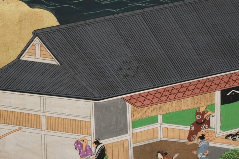 Grand paravent byôbu (séparateur de pièce) à six panneaux avec une peinture dét…