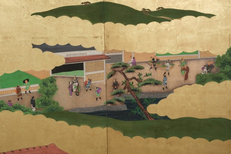 Grand paravent byôbu (séparateur de pièce) à six panneaux avec une peinture dét…