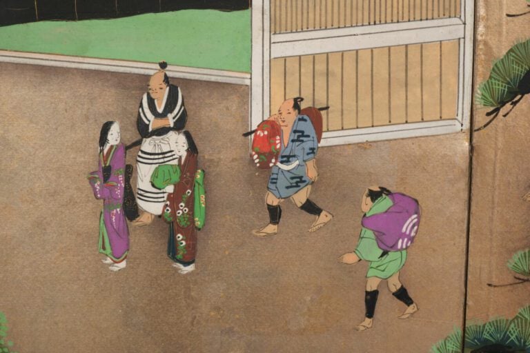 Grand paravent byôbu (séparateur de pièce) à six panneaux avec une peinture dét…