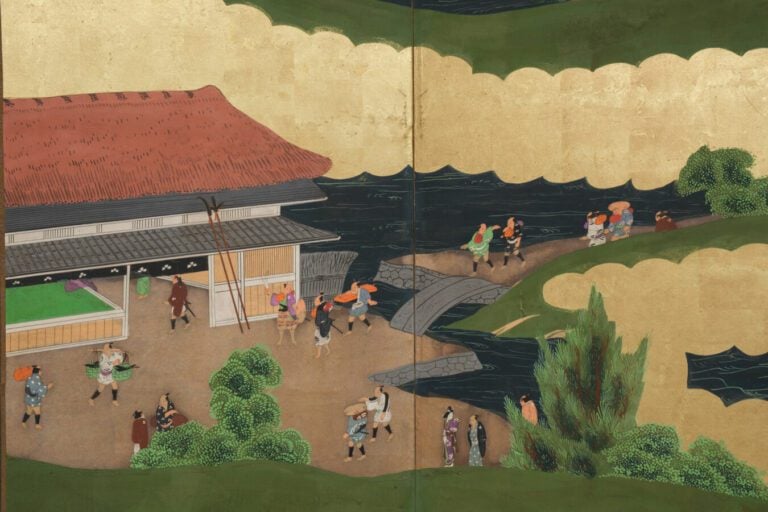 Grand paravent byôbu (séparateur de pièce) à six panneaux avec une peinture dét…
