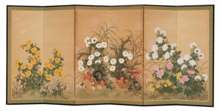 Paravent byobu (séparateur de pièce) à six panneaux de taille moyenne avec une…