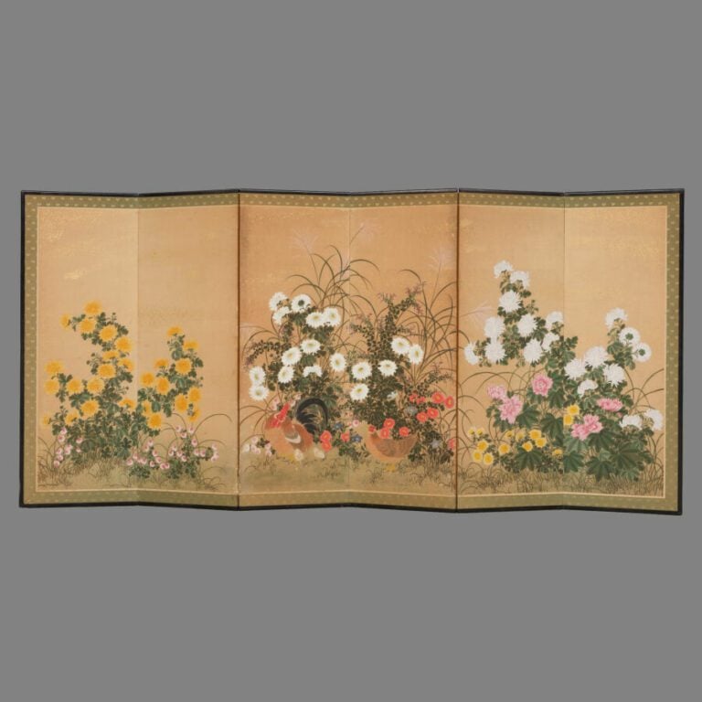 Paravent byobu (séparateur de pièce) à six panneaux de taille moyenne avec une…