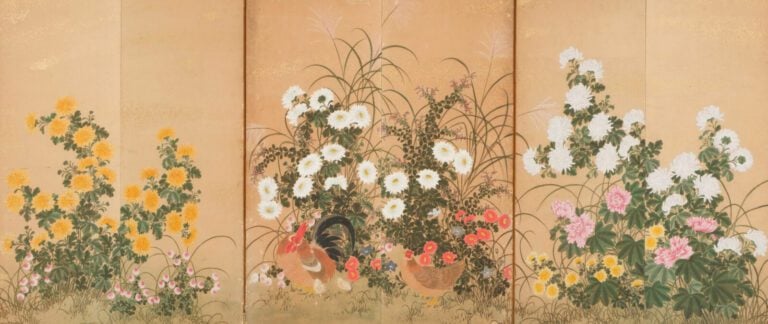 Paravent byobu (séparateur de pièce) à six panneaux de taille moyenne avec une…