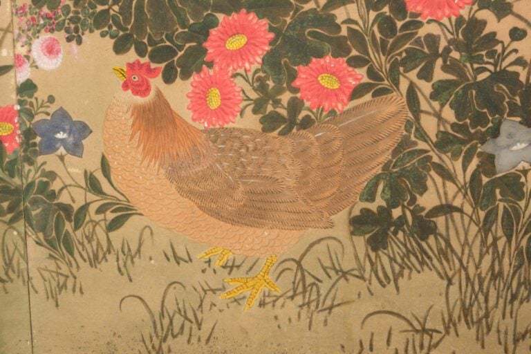 Paravent byobu (séparateur de pièce) à six panneaux de taille moyenne avec une…
