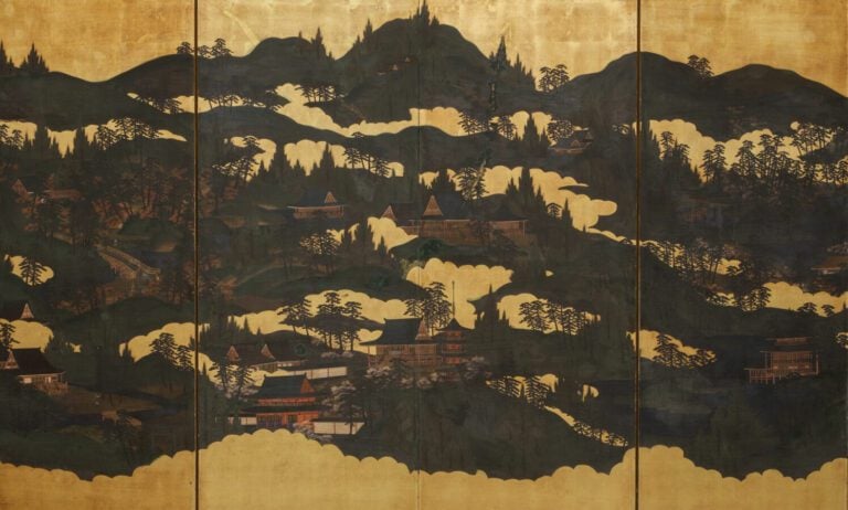 Grand paravent byôbu (séparateur de pièce) à six panneaux avec une peinture con…