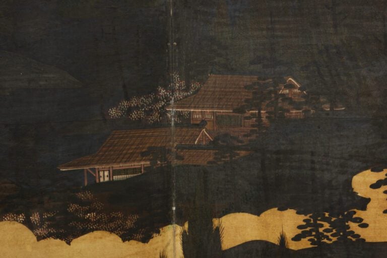 Grand paravent byôbu (séparateur de pièce) à six panneaux avec une peinture con…