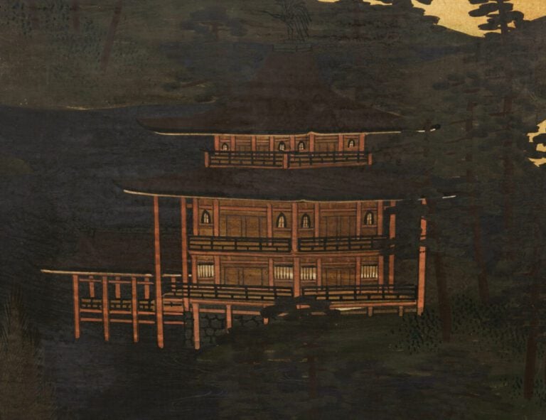 Grand paravent byôbu (séparateur de pièce) à six panneaux avec une peinture con…