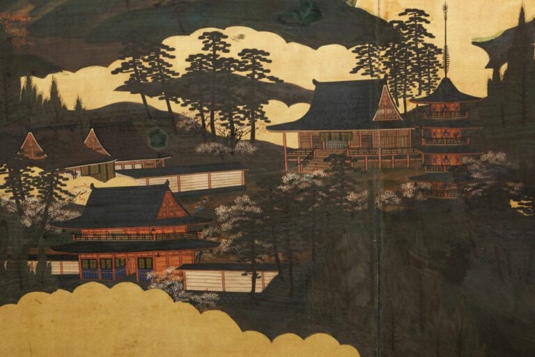 Grand paravent byôbu (séparateur de pièce) à six panneaux avec une peinture con…