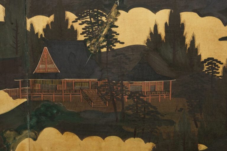 Grand paravent byôbu (séparateur de pièce) à six panneaux avec une peinture con…
