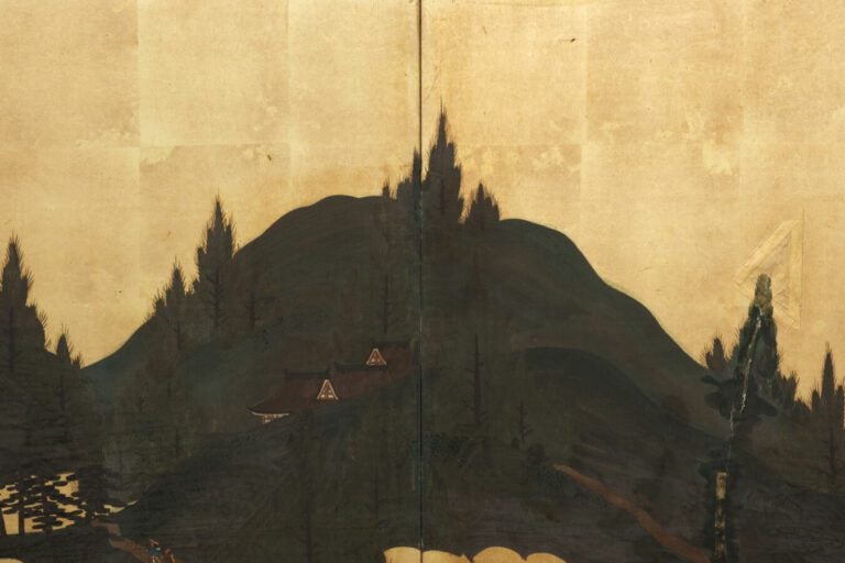 Grand paravent byôbu (séparateur de pièce) à six panneaux avec une peinture con…