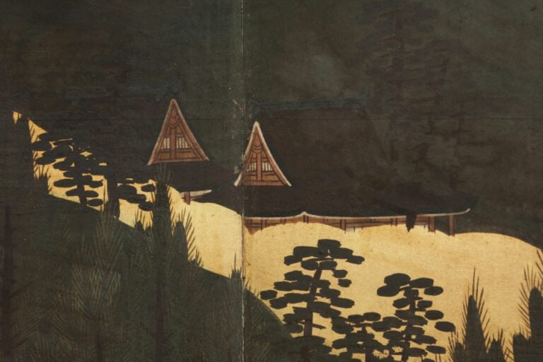 Grand paravent byôbu (séparateur de pièce) à six panneaux avec une peinture con…