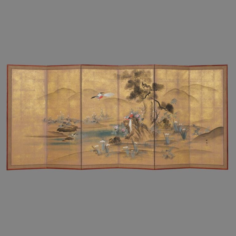 Grand paravent byôbu (diviseur de pièce) à six panneaux avec une peinture de l'…