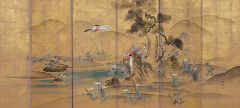 Grand paravent byôbu (diviseur de pièce) à six panneaux avec une peinture de l'…