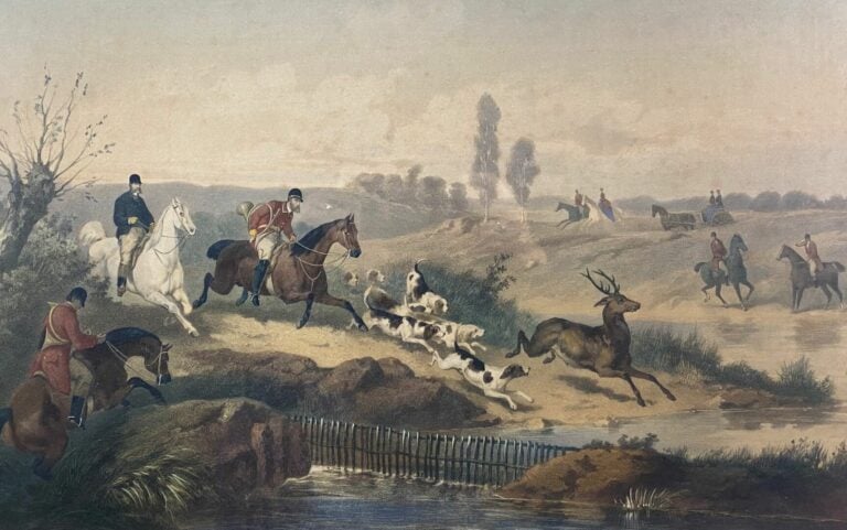 Lot de deux gravures anglaises en couleurs - Scène de chasse à cour - Dim (à vu…
