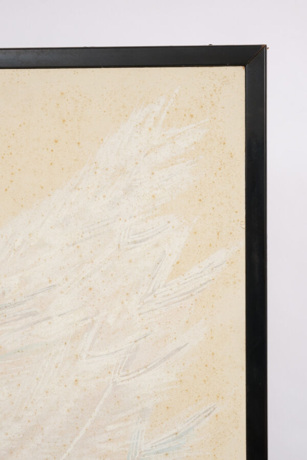Paravent byobu à deux panneaux représentant un paon femelle (kujaku), debout à…