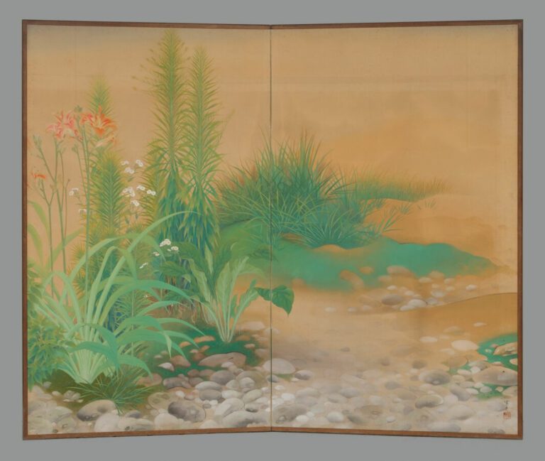Paravent Byôbu (diviseur de pièce) à deux panneaux avec une peinture à décor d'…