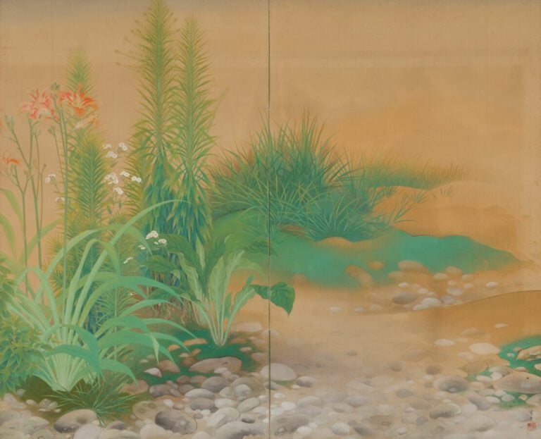 Paravent Byôbu (diviseur de pièce) à deux panneaux avec une peinture à décor d'…