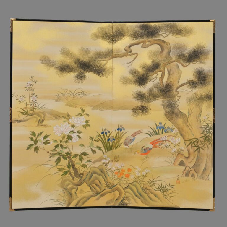 Grand paravent byobu contemporain à deux panneaux avec une peinture représentan…