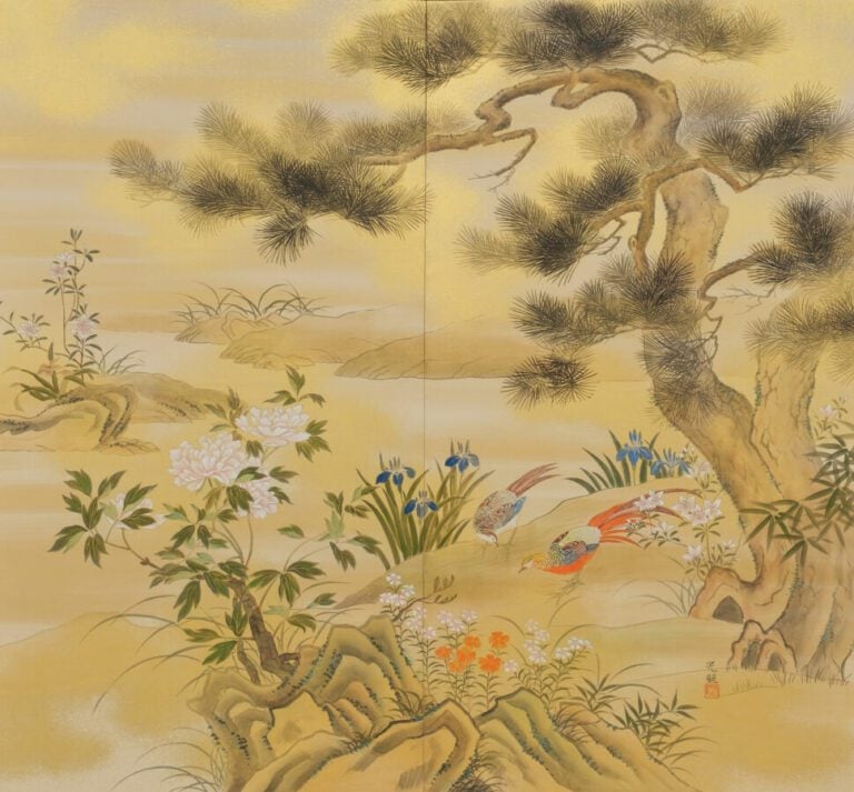 Grand paravent byobu contemporain à deux panneaux avec une peinture représentan…