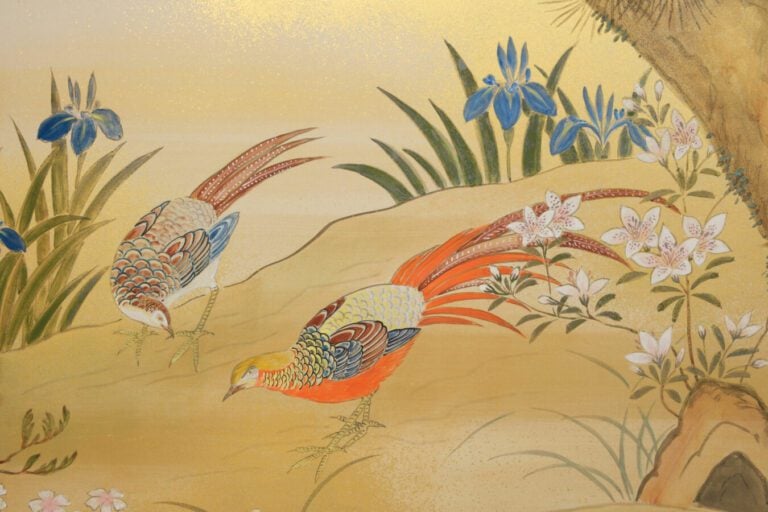 Grand paravent byobu contemporain à deux panneaux avec une peinture représentan…
