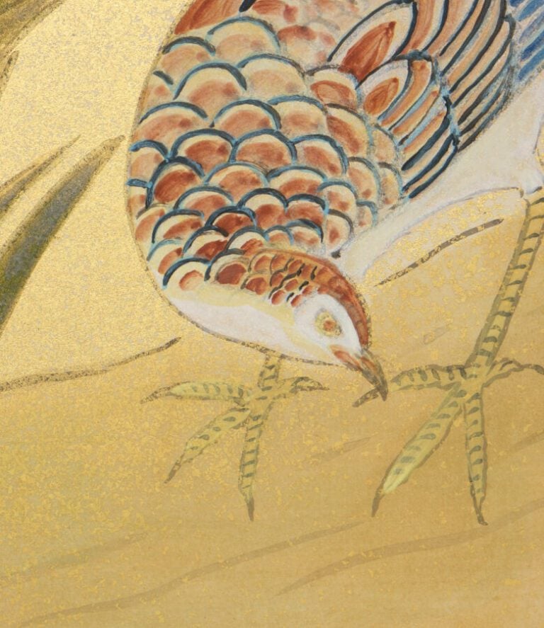 Grand paravent byobu contemporain à deux panneaux avec une peinture représentan…