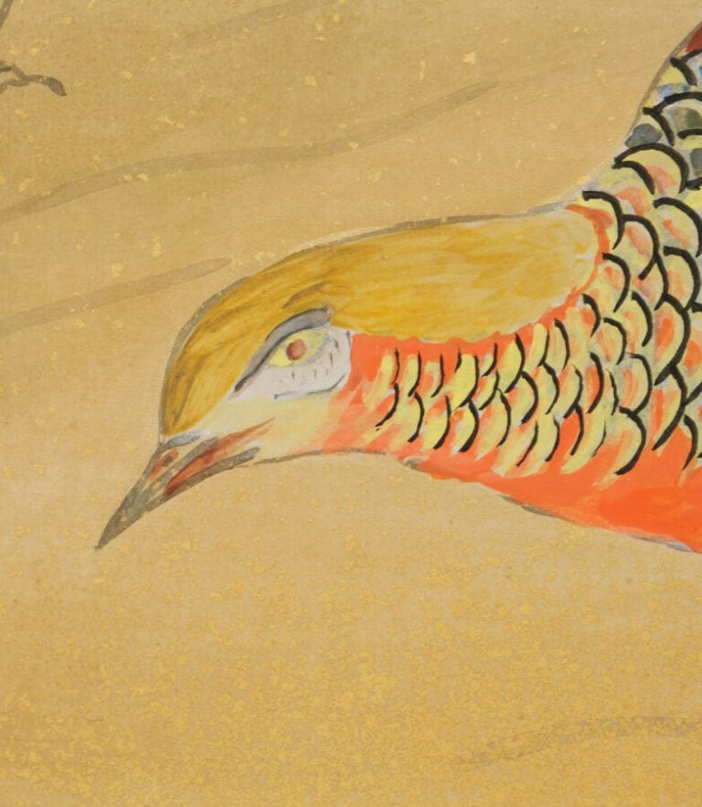Grand paravent byobu contemporain à deux panneaux avec une peinture représentan…