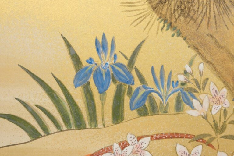 Grand paravent byobu contemporain à deux panneaux avec une peinture représentan…