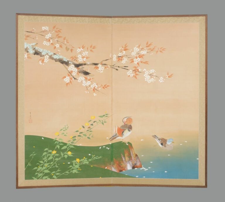 Paravent Byobu à deux panneaux avec une peinture colorée sur soie représentant…