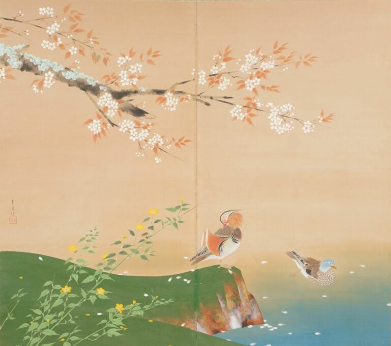 Paravent Byobu à deux panneaux avec une peinture colorée sur soie représentant…