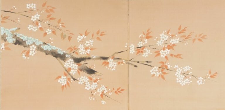 Paravent Byobu à deux panneaux avec une peinture colorée sur soie représentant…