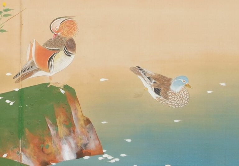 Paravent Byobu à deux panneaux avec une peinture colorée sur soie représentant…